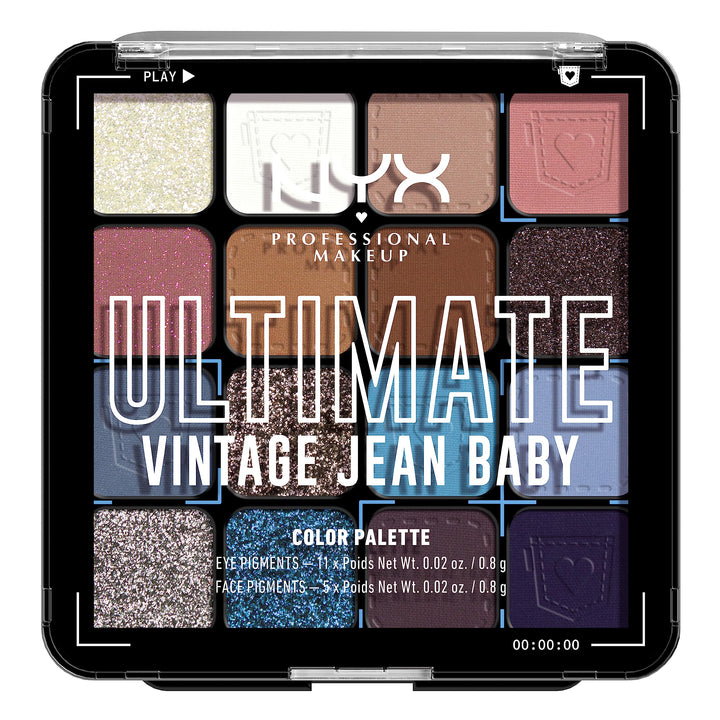 NYX PROFESSIONAL MAKEUP front packaging showing the vintage jean baby palette and branding benefit