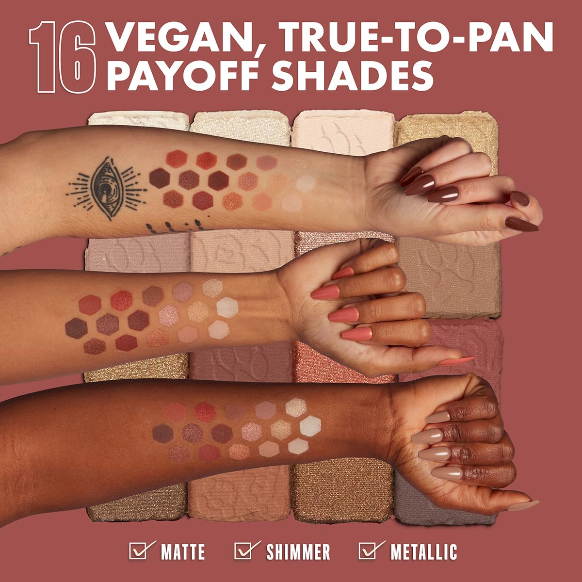 NYX PROFESSIONAL MAKEUP product label close-up showing shade names and clear ingredient benefit