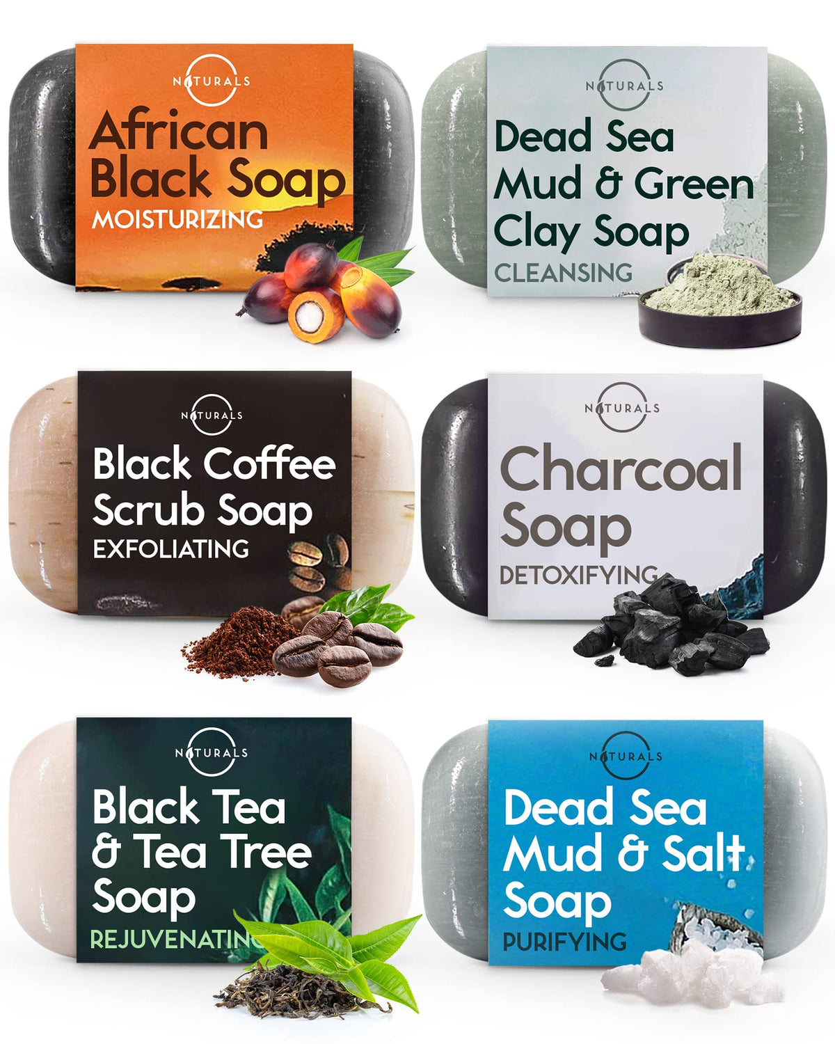 O NATURALS gift box showing six black soap varieties and spa-ready packaging