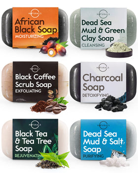 O NATURALS gift box showing six black soap varieties and spa-ready packaging