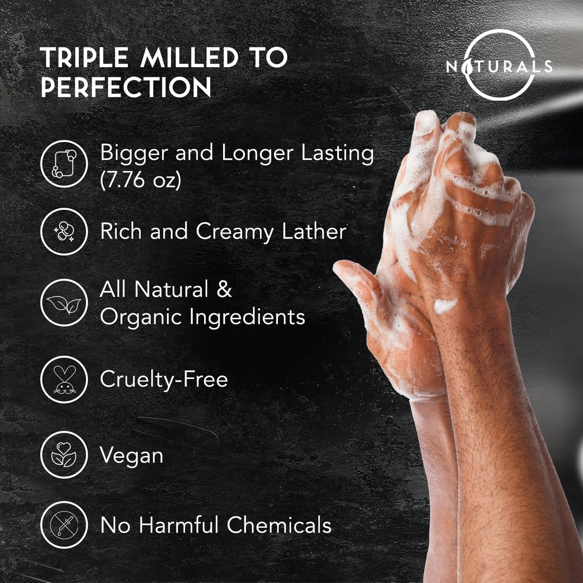 O NATURALS soap held in hand to show 7.76 oz scale and longevity
