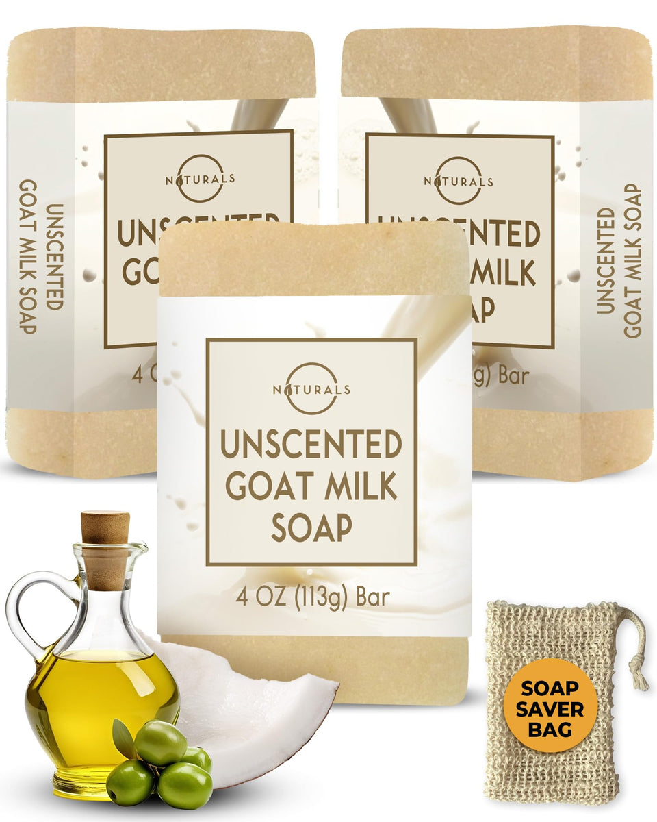O NATURALS front packaging showing three unscented goat milk bars and soap bag benefit: clear product view