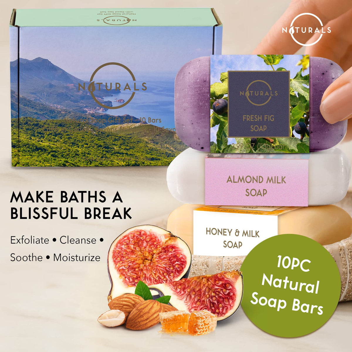 O NATURALS arranged individual soap bars highlighting fragrance variety
