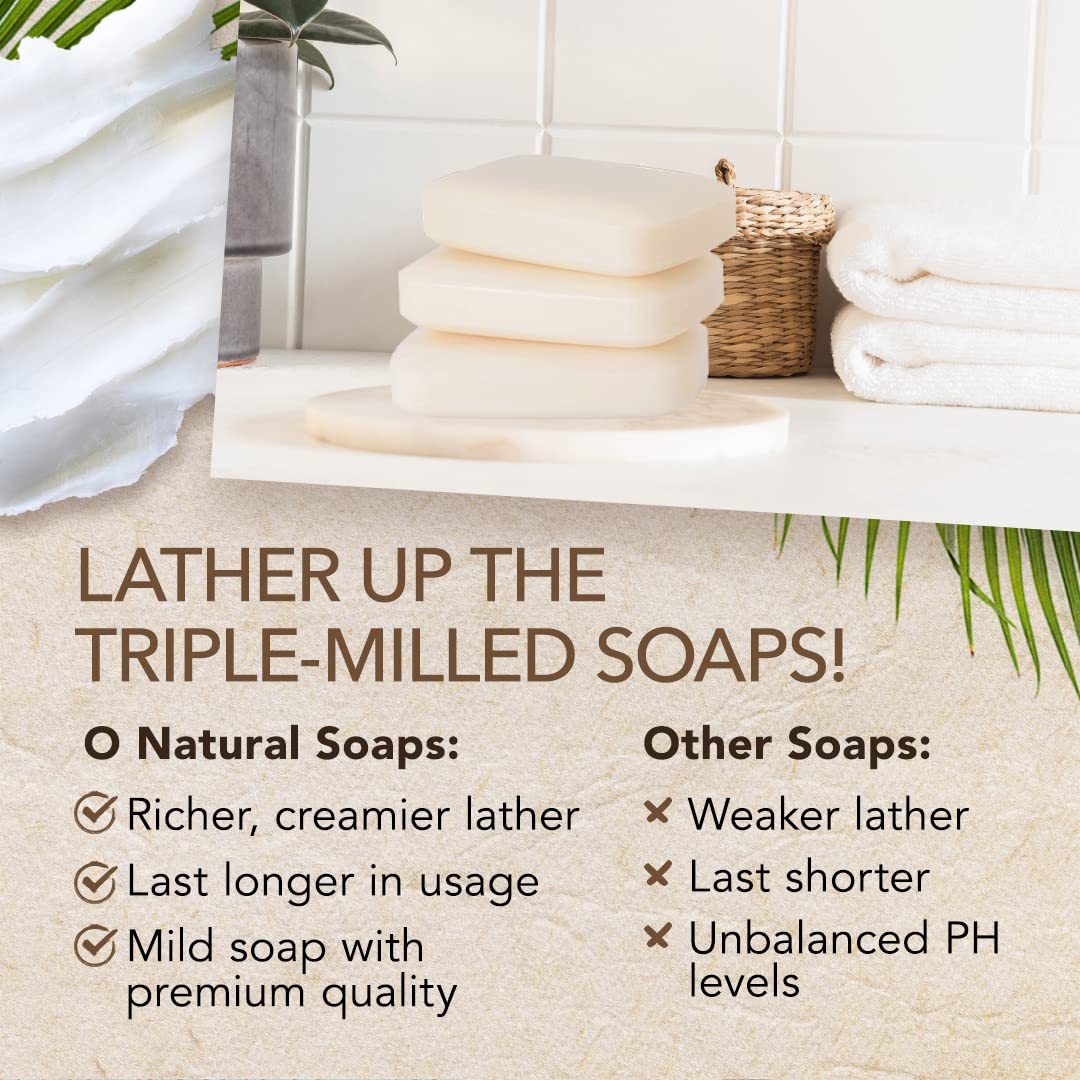 O NATURALS cutaway of soap bar showing creamy interior and long-lasting formulation