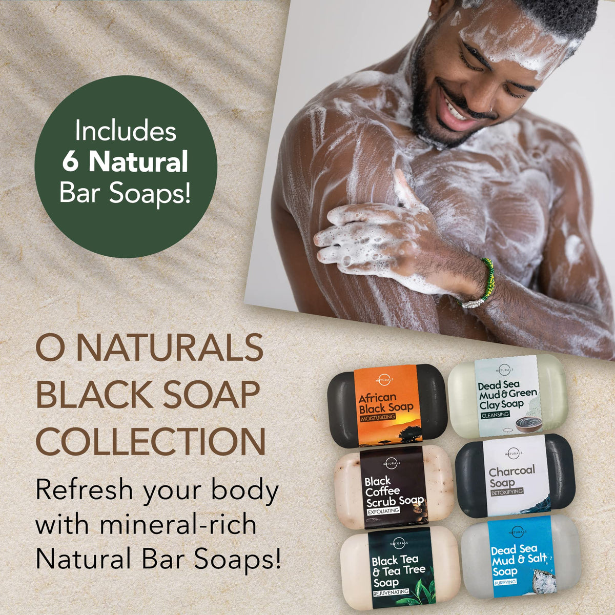 O NATURALS front-facing soap bars neatly arranged highlighting variety and quality