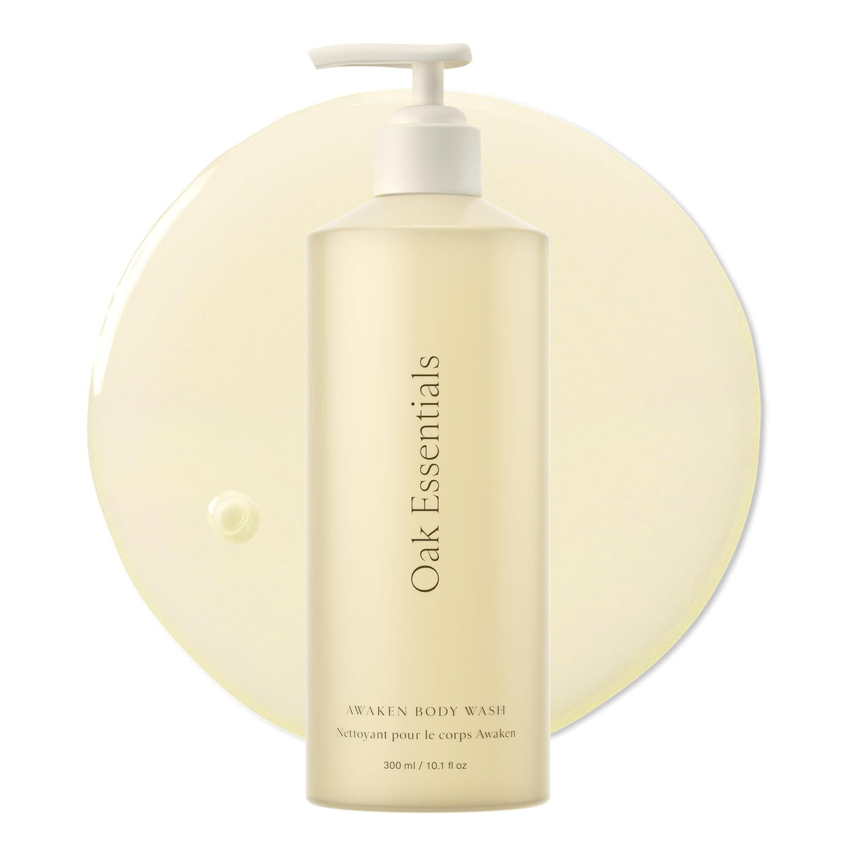 Oak Essentials front packaging showing bottle and soothing design, promotes calm shower experience