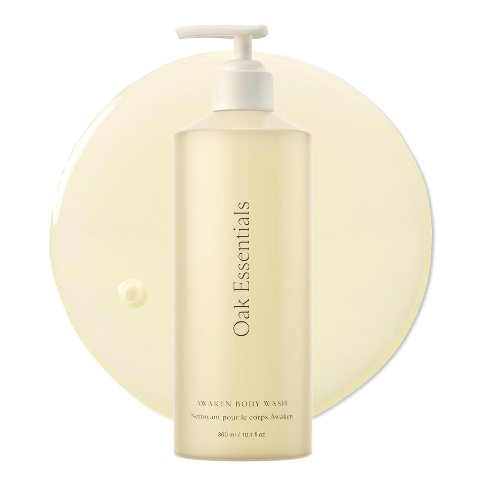 Oak Essentials front packaging showing bottle and soothing design, promotes calm shower experience