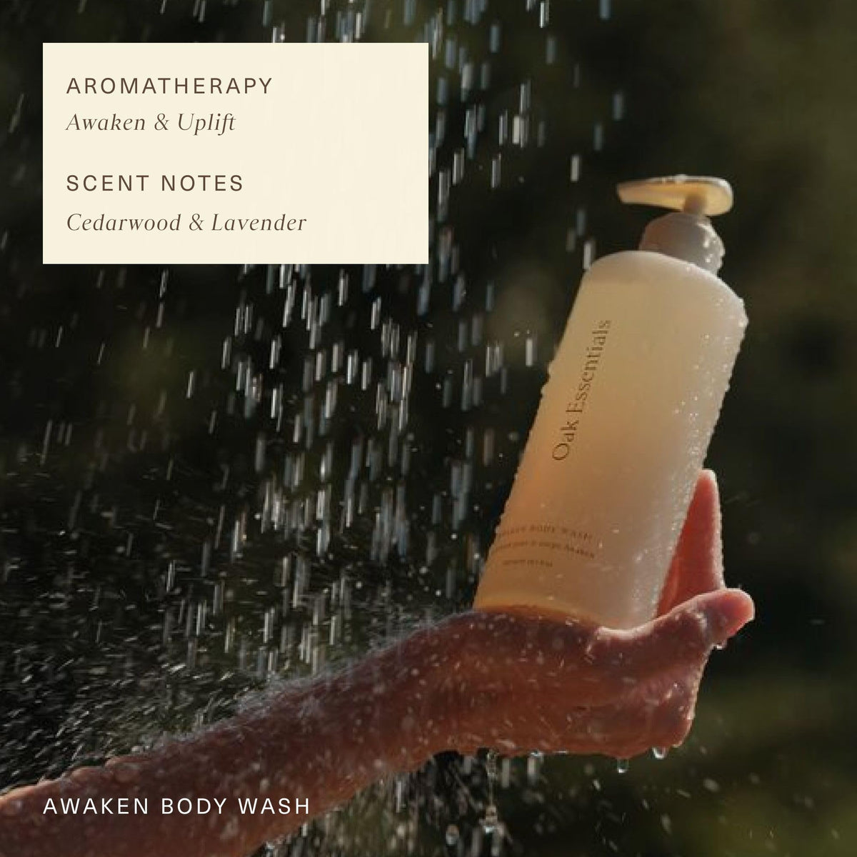 Oak Essentials bottle staged on shower shelf to suggest relaxing daily aromatherapy routine