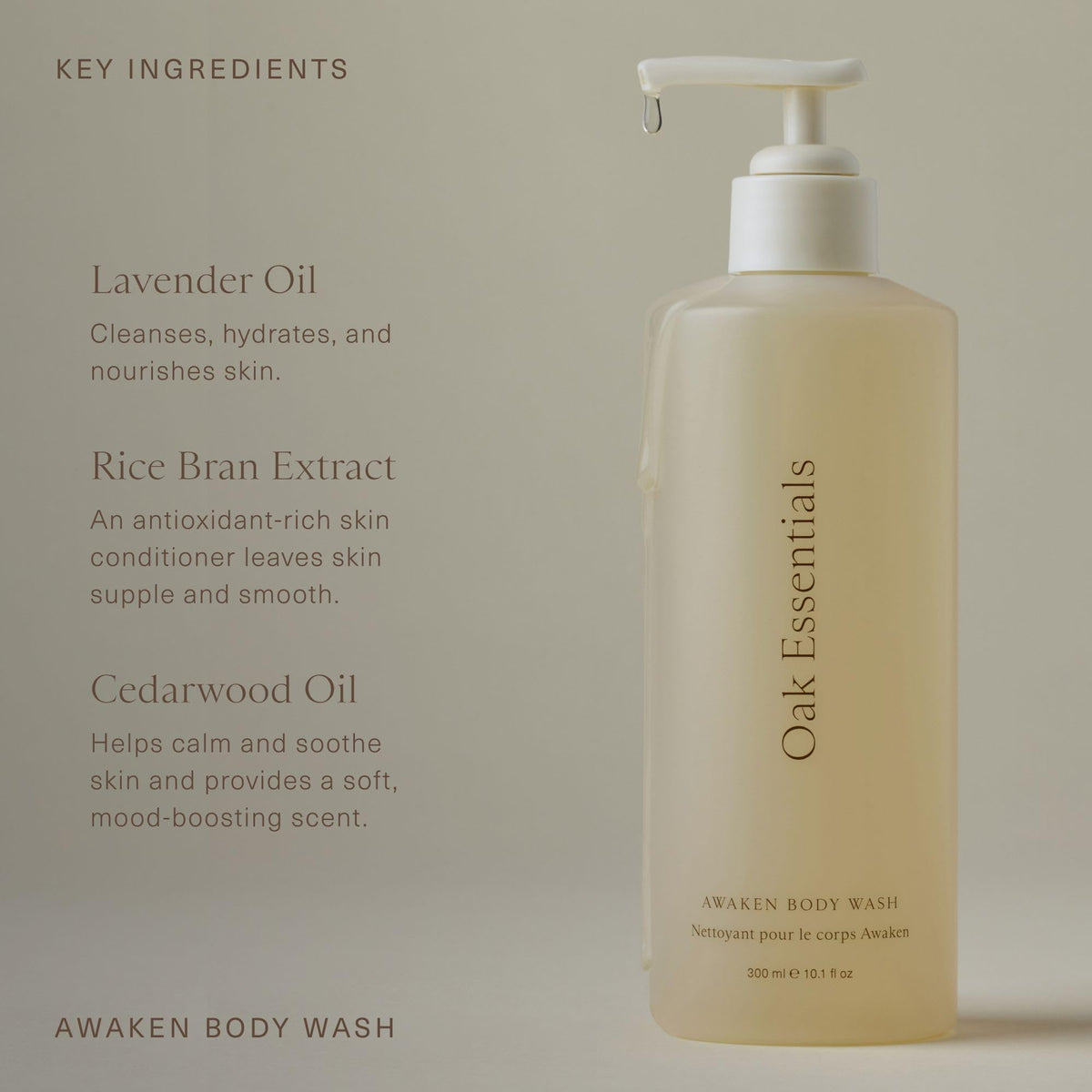 Oak Essentials bottle in hand to show 10.1 fl oz scale and portable travel-friendly size