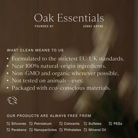 Oak Essentials closeup scent notes with botanicals suggesting relaxation