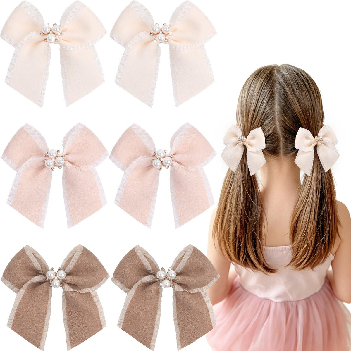 OAOLEER front view of beige bow set showing packaging and trio of colors, elegant presentation