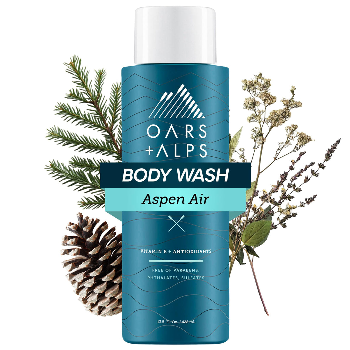 Oars + Alps bottle front view showing Aspen Air scent and clean design benefits hydration