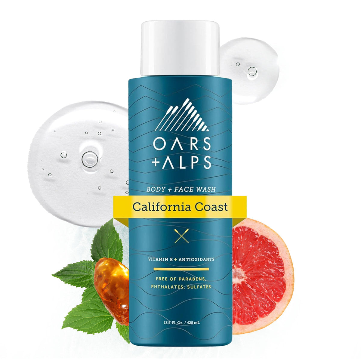 Oars + Alps bottle front showing California Coast scent and clean design benefits