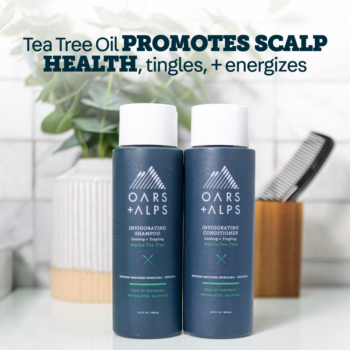 Oars + Alps shampoo bottle on shower shelf portraying daily use