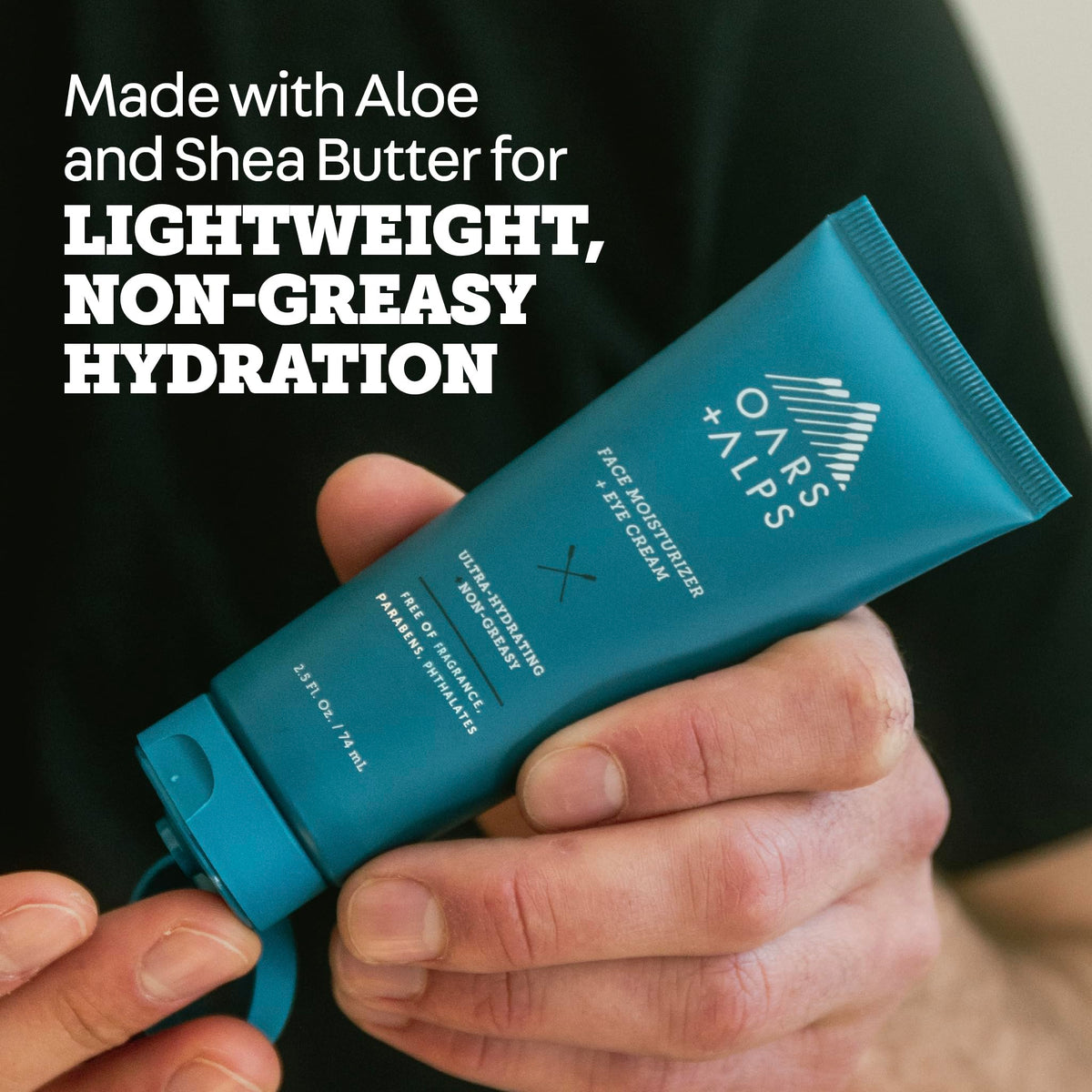 Oars + Alps cream texture close-up showing lightweight, non-greasy finish for quick absorption