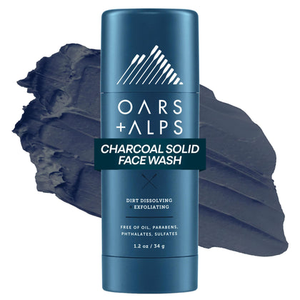 Oars + Alps face wash stick front packaging showing compact, spill-free design and brand