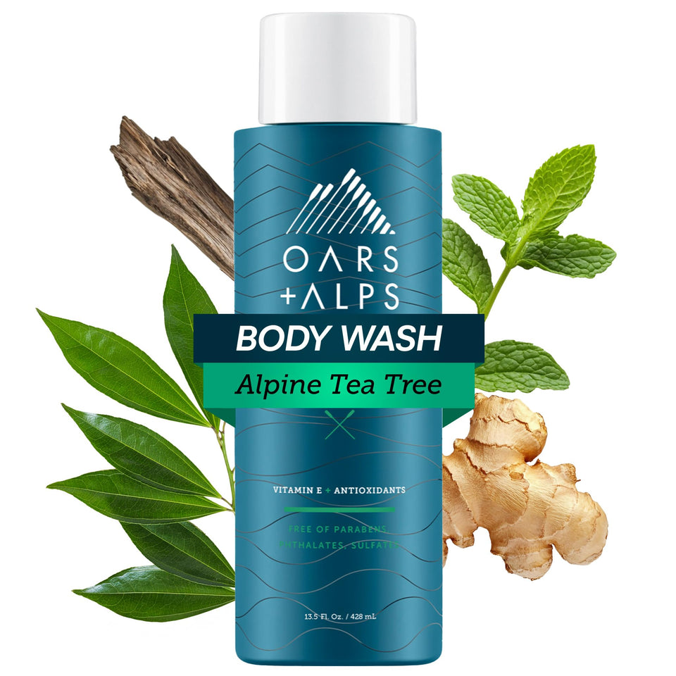 Oars + Alps front bottle showing Alpine Tea Tree scent and benefits