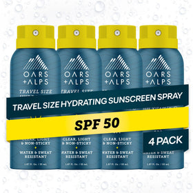 Oars + Alps front can showing SPF 50 and travel-sized convenience