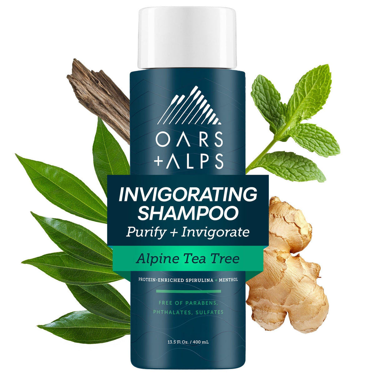 Oars + Alps front label showing shampoo benefits and clean formula