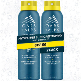 Oars + Alps front packaging showing SPF 50 benefits and two 6 oz cans