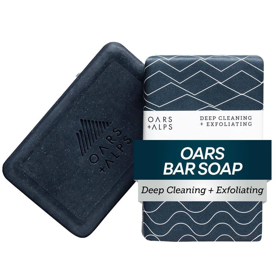 Oars + Alps front packaging showing blue charcoal bar and clean benefits