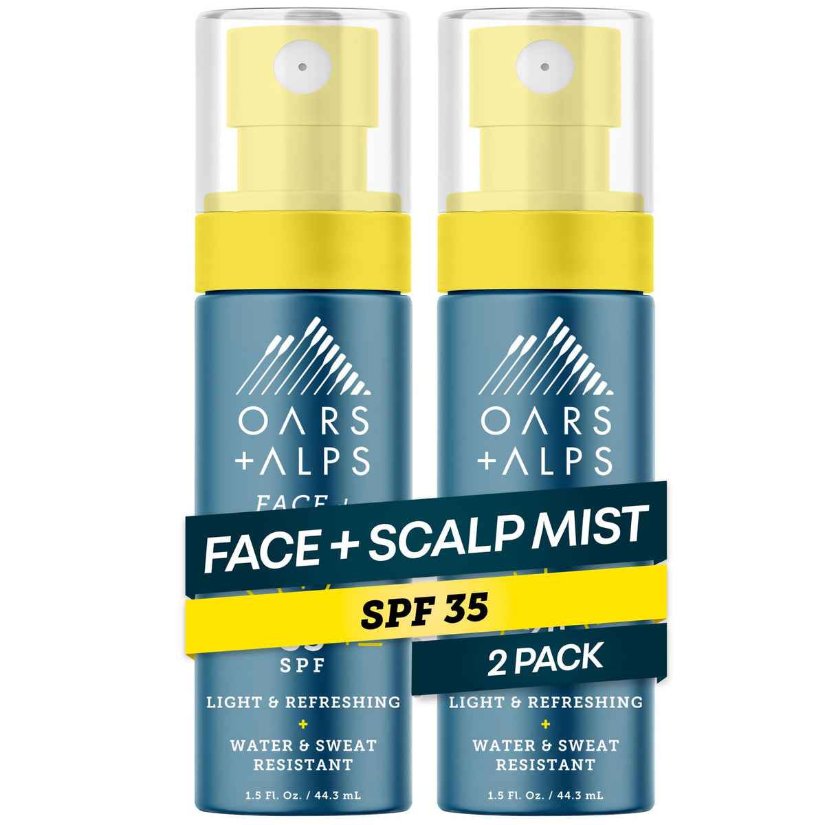 Oars + Alps front packaging showing compact SPF 35 mist and benefits