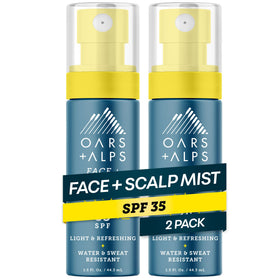 Oars + Alps front packaging showing compact SPF 35 mist and benefits