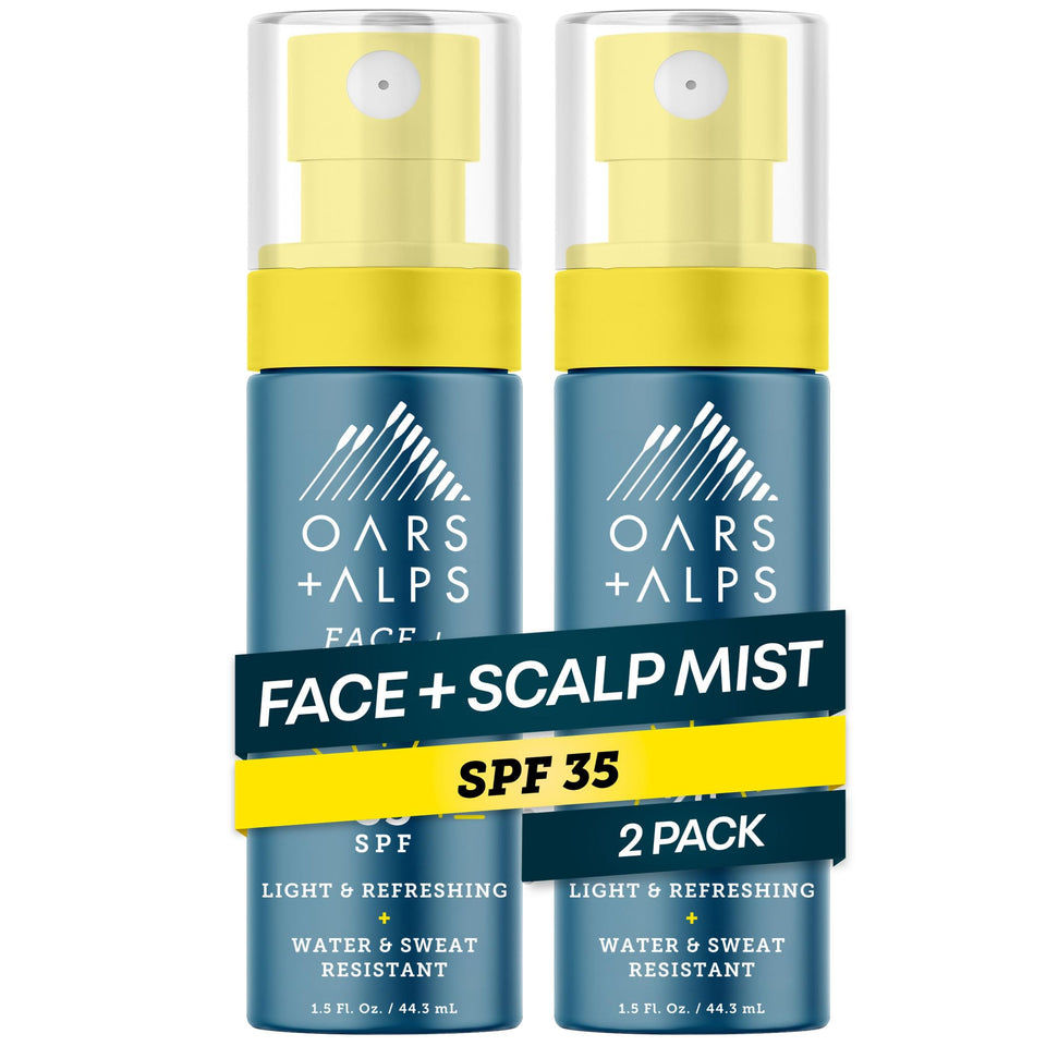 Oars + Alps front packaging showing compact SPF 35 mist and benefits