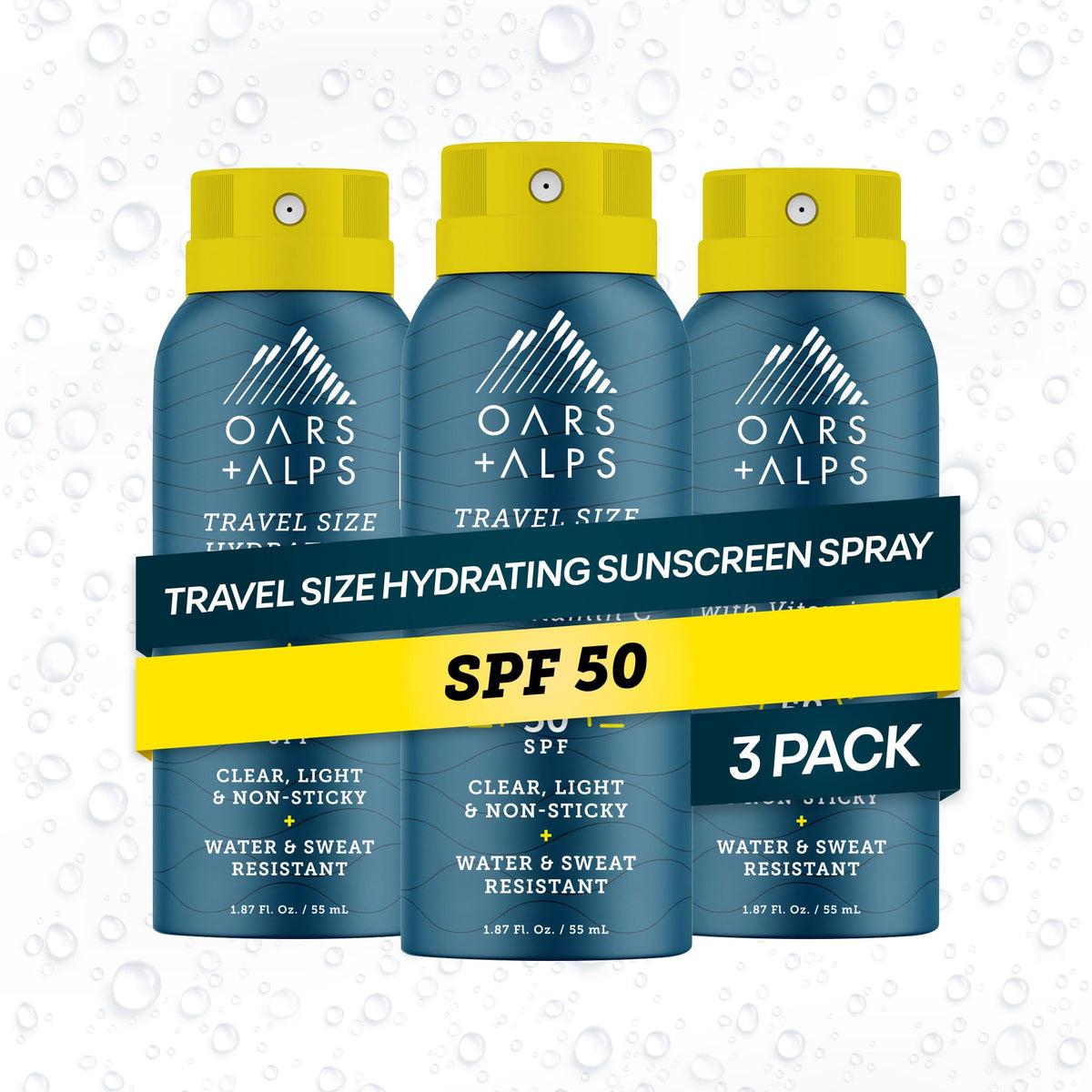 Oars + Alps front packaging showing SPF 50 travel spray and benefits