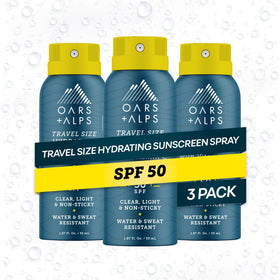 Oars + Alps front packaging showing SPF 50 travel spray and benefits
