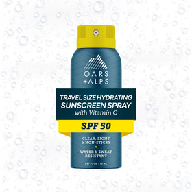 Oars + Alps front packaging of SPF 50 spray showing compact travel can benefit convenience