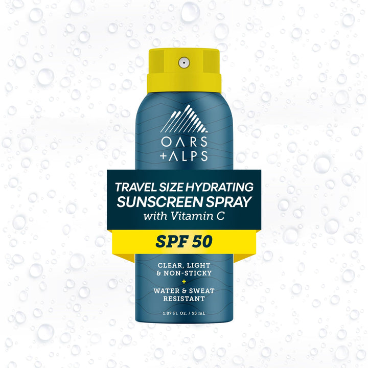 Oars + Alps front packaging of SPF 50 spray showing compact travel can benefit convenience