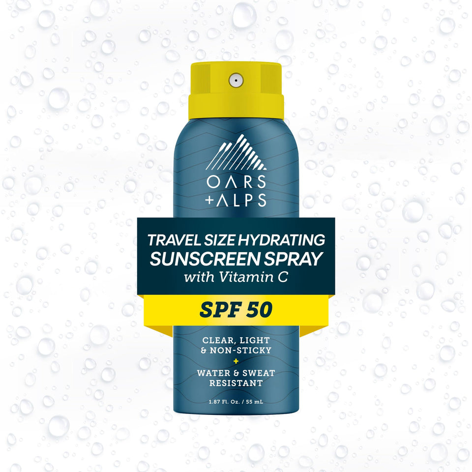 Oars + Alps front packaging of SPF 50 spray showing compact travel can benefit convenience