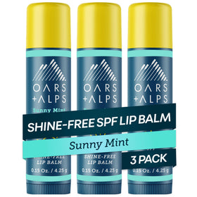 Oars + Alps front packaging showing three Sunny Mint SPF 18 tubes and benefits