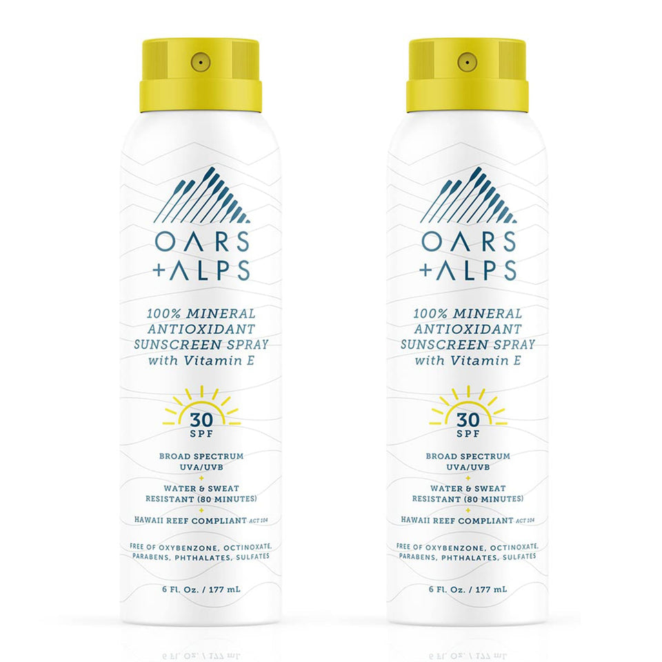 Oars + Alps front packaging showing SPF 30 spray and clean design for quick protection