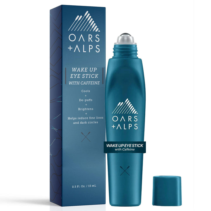 Oars + Alps front packaging showing compact travel-friendly eye roller benefit