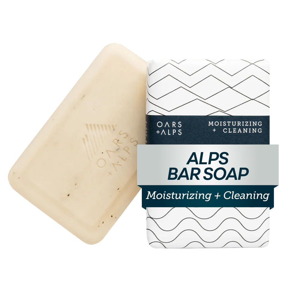 Oars + Alps front packaging showing soap color and brand benefits