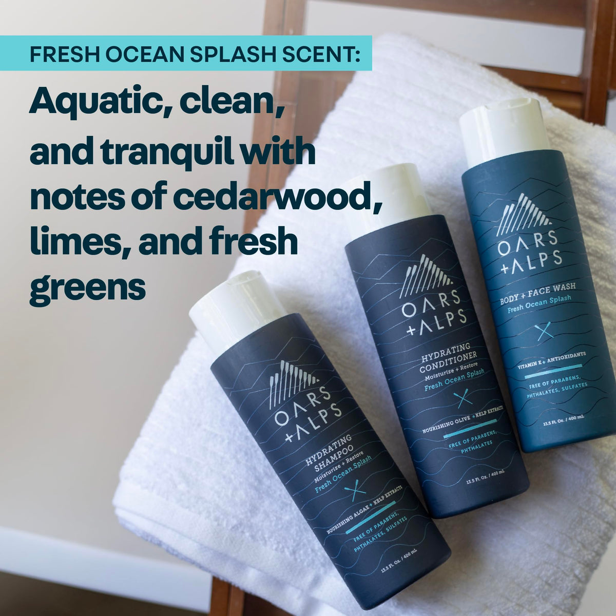 Oars + Alps grapeseed and olive oils detail indicating lightweight shine