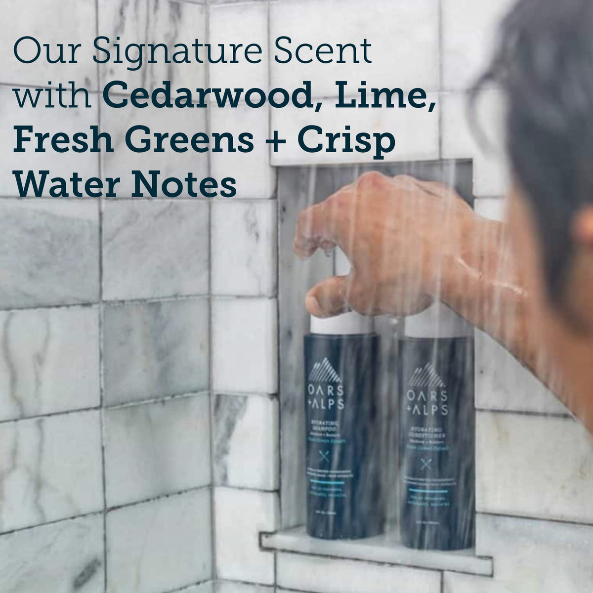 Oars + Alps in-shower use showing hair being rinsed for smoother finish