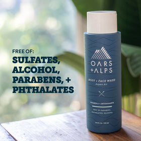 Oars + Alps label close-up highlighting ingredient claims and clean-beauty benefits