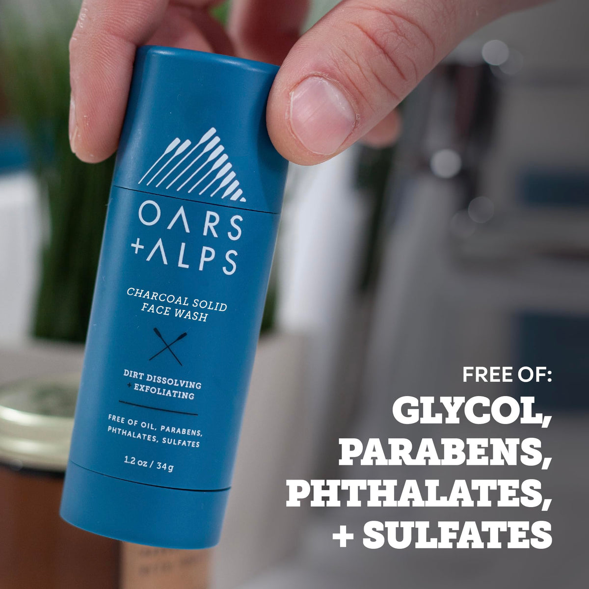 Oars + Alps label close-up emphasizing natural ingredients and dermatologist-tested benefit