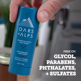 Oars + Alps label close-up emphasizing natural ingredients and dermatologist-tested benefit