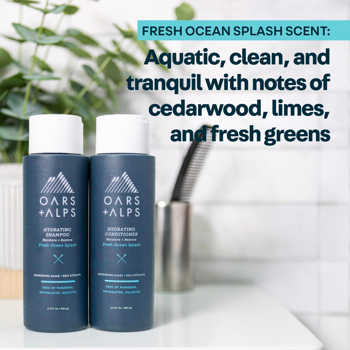 Oars + Alps bottle on bathroom shelf conveying daily routine