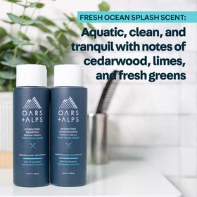 Oars + Alps bottle on bathroom shelf conveying daily routine