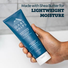 Oars + Alps pump dispensing lotion onto hand demonstrating quick-absorbing, non-greasy application