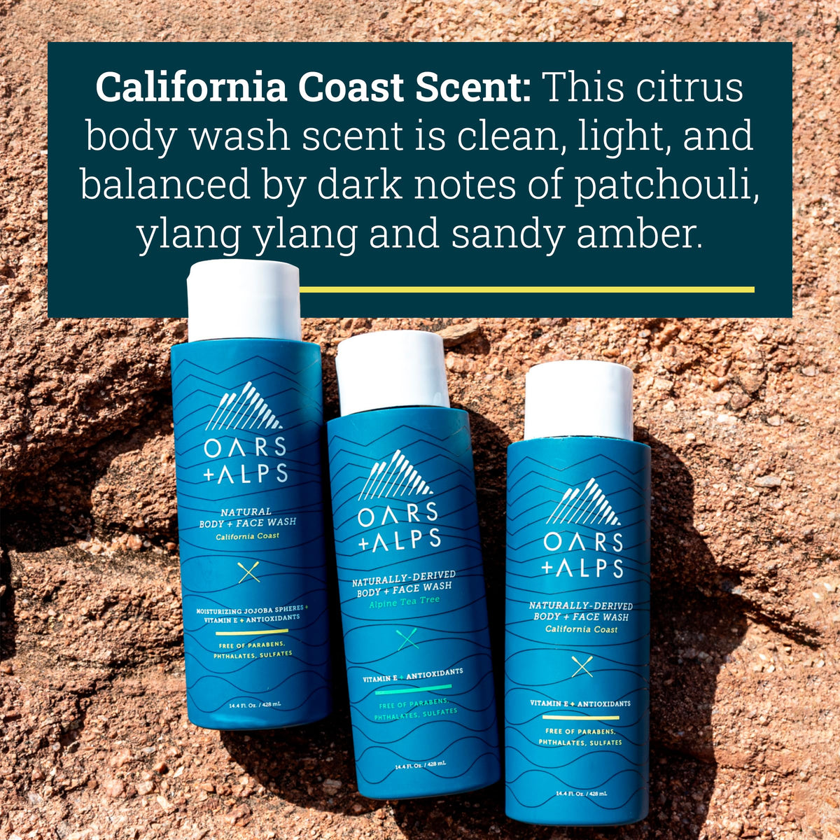 Oars + Alps bottle on a beach background evoking fresh coastal scent benefit