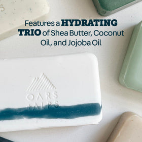 Oars + Alps bar placed on a shower shelf illustrating everyday bathroom use benefits