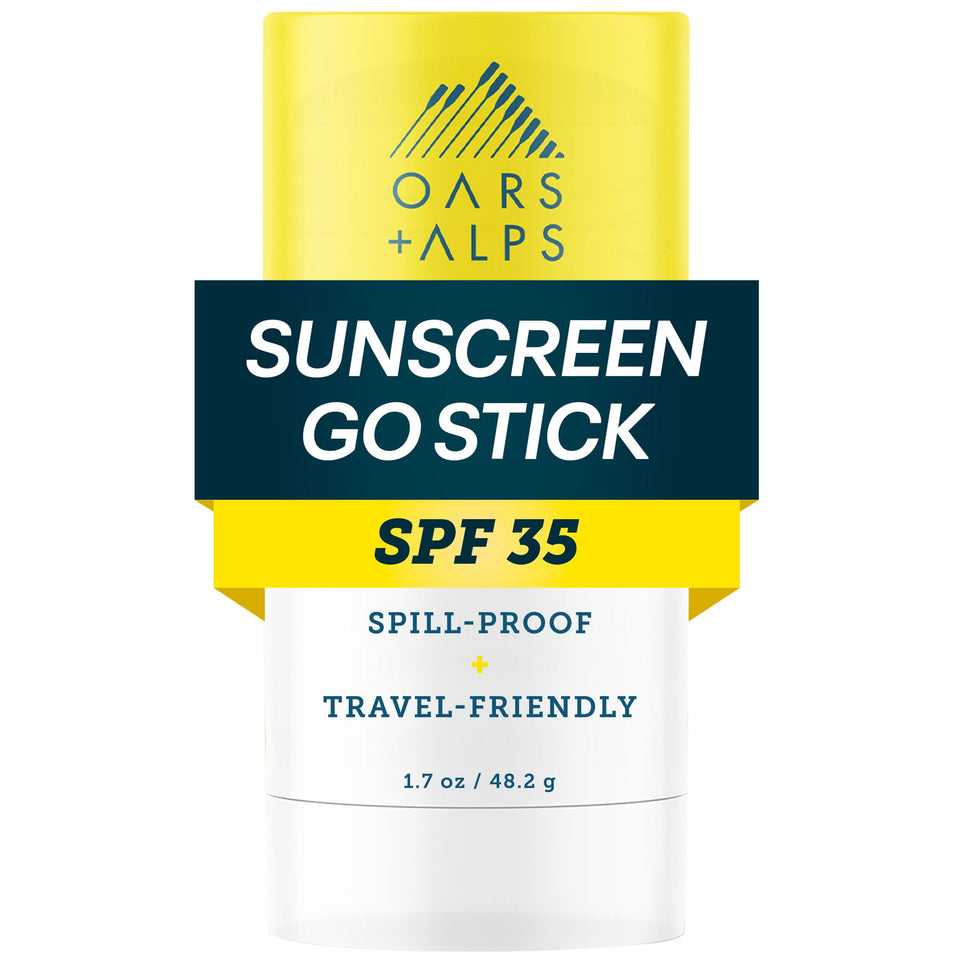 Oars + Alps front packaging showing SPF 35 clear stick and benefits