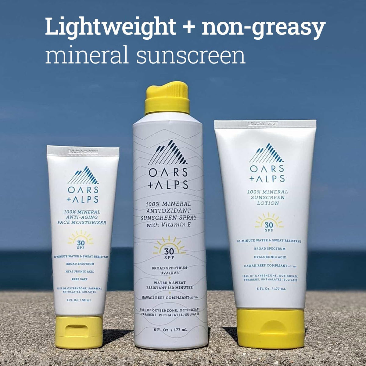 Oars + Alps sunscreen bottle in hand showing 6oz size for travel and outdoor use