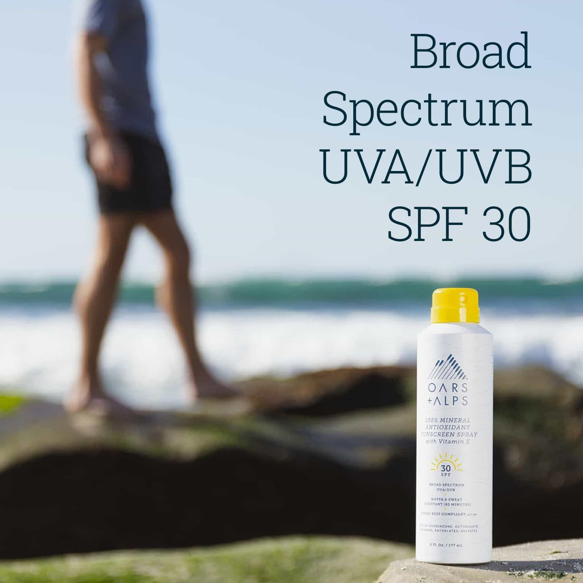 Oars + Alps sunscreen spray nozzle close-up highlighting mist delivery for quick coverage